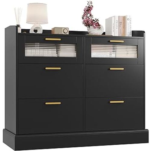 HOSTACK Modern 6 Drawer Dresser for Bedroom, Double Wide Chest of Drawers with Storage, Tall Dresser with Gold Handle & Fluted Glass, Wood Console Cabinet with Fence for Living Room, Entryway, Black