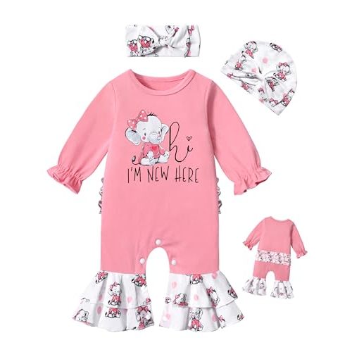 AGAPENG Newborn Girl Clothes Ruffle Letter Print Romper Infant Bell Bottom Jumpsuit Boho Baby Girl Clothes with Headband Hat