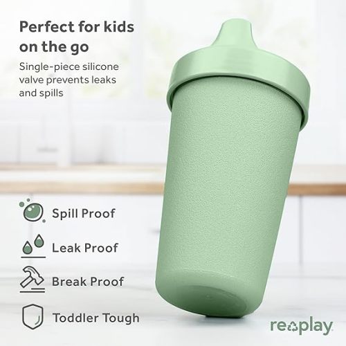 Re-Play Made in USA 10 Oz. Sippy Cups for Toddlers, Pack of 4 - Reusable Spill Proof Cups for Kids, Dishwasher/Microwave Safe - Hard Spout Sippy Cups for Toddlers 3.13" x 6.25", Cactus Flower