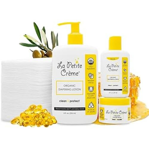 Premium French Diapering Gift Set: Includes Organic Diapering Lotion (8 oz), Travel-size Liniment Baby Lotion (2 oz), 1 Travel-size Diaper Balm (1 oz), 50 Disposable Cotton Pads