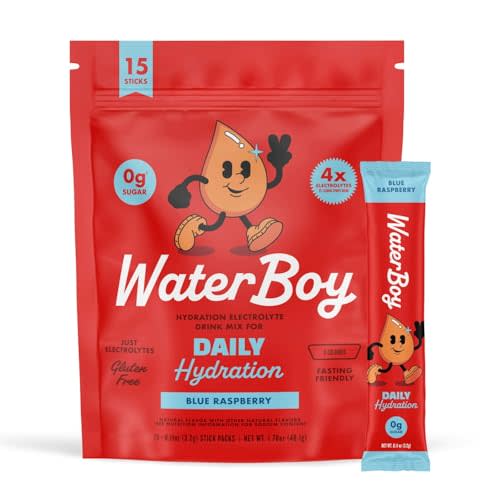 Waterboy Daily Hydration | 1,570mg Electrolyte Powder Packets | No Sugar, All Natural, Gluten Free, Zero Calories | 15 Drink Stick Mixes (Blue Raspberry)