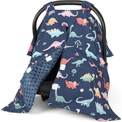 Car Seat Cover Baby, Peekaboo Opening Carseat Covers Baby Girl, Warm Minky Infant Car Seat Canopy, Multi-Use Cover Protecting Baby from Wind, Sun, Strangers, Blue Dinosaur