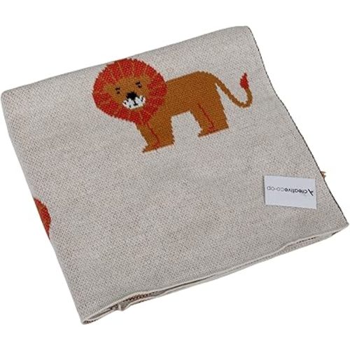 Creative Co-Op Cotton Knit Baby Blanket with Lion Prints, Multicolor