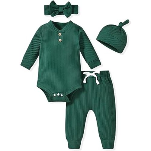 Aalizzwell Gender Neutral Long Sleeve Baby Ribbed Outfit with Hat & Headband