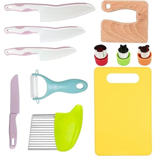 11 Pieces Wooden Kids Kitchen Knife, Pink Kids Knife Set Include Wood Kids Knife, Serrated Edges Plastic Toddler Knife, Crinkle Cutter, Sandwich Cutter, Y Peeler, Cutting Board