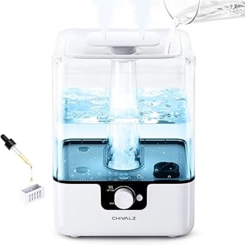 6L Humidifiers for Bedroom Large Room Home, CHIVALZ Cool Mist Top Fill Humidifiers for Baby Nursery and Plants, 26dB Quiet, Nightlight, Up to 50 Hours, Oil Diffuser 1 Pack + 2 Mist Outlets White