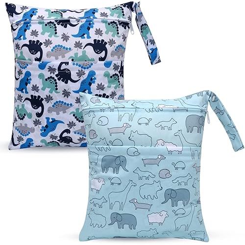2pcs Cloth Diaper Wet Dry Bags Waterproof Reusable with Two Zippered Pockets Travel Beach Pool Daycare Soiled Baby Items Yoga Gym Bag for Swimsuits or Wet Clothes-Cute Animal,Dinosaur
