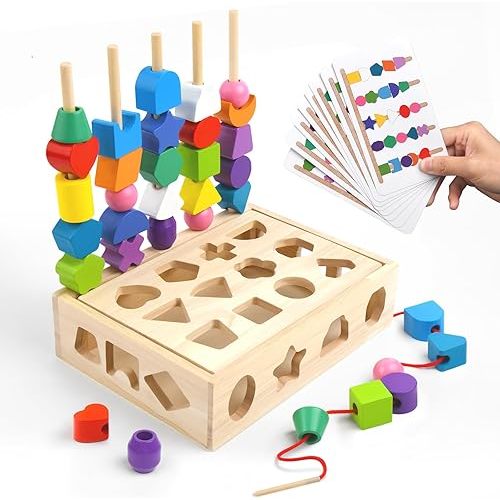 3 in 1 Wooden Color Sorting Stacking Toys, Montessori Geometric Shape Sorter Matching Set, Lacing Beads Sequencing Preschool Learning Fine Motor Skills for Toddlers 3 4 5 Years