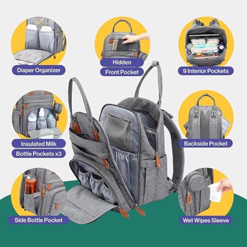 BabbleRoo Waterproof Diaper Bag Backpack - Baby Essentials Travel Tote - Multi function with Changing Pad, Stroller Straps & Pacifier Case - Unisex, Light Gray - Polyester