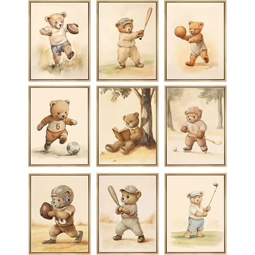 9Pcs Baby Bear Sports Nursery Wall Art Baby Bear Basketball,Baseball Posters Prints,Vintage Cute Animal Pictures Paintings for Children Bedroom decoration (8 * 10in Unframed)