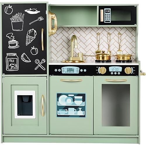 Best Choice Products Pretend Play Kitchen Wooden Toy Set for Kids w/Realistic Design, Telephone, Utensils, Oven, Microwave, Sink - Sage