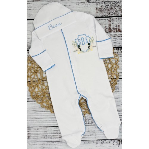 Personalized Baby Boy Set Cotton Coming Home Outfit Monogram Baby Clothes Custom Duck Footie Hat Set Heirloom Infant Sleepwear Boy Blue