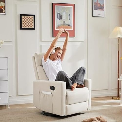 Swivel Rocking Recliner Chair with Extra Large Footrest High Back, Upholstered Glider Nursery Chair for Living Room, Bedroom & Nursery, Comfortable Deep Seat for Relaxation, Beige