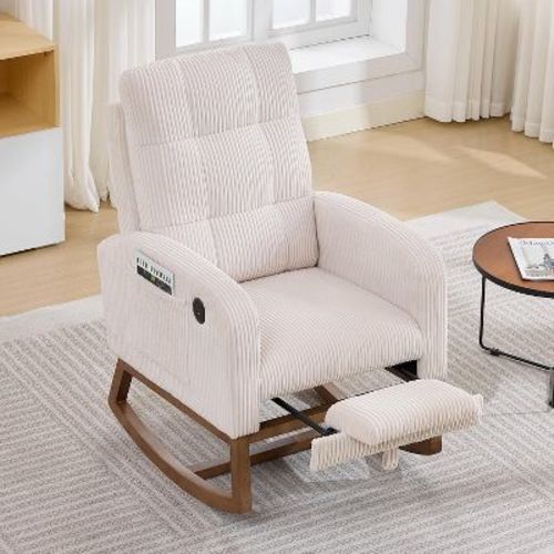 Nursery Rocking Chair - Linen/Corduroy Upholstered Glider Rocker with Side Pocket. Footrest. High Back Nursing Chair. Modern Accent Armchair