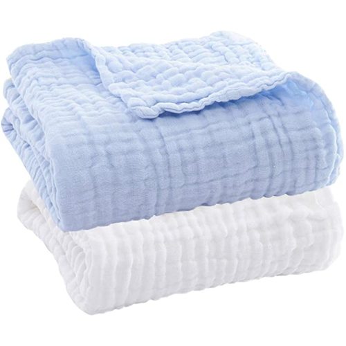Aablexema Baby Muslin Bath Towels - Set of 2 Large Size 43X43 Inches Swaddle Blanket for Newborn Toddlers Boys Girls (White & Blue)