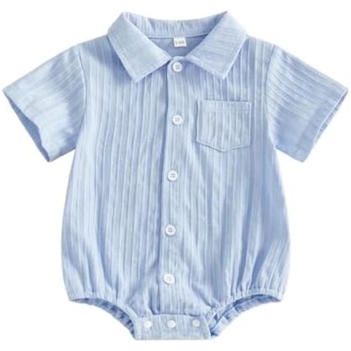 Newborn Baby Boy Clothes Solid Color Textured Shirt Romper Short Sleeve Collared Button Down Bodysuit Summer Outfit