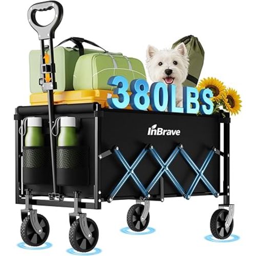 Collapsible Wagon Cart Foldable Beach Wagon with All-Terrain Wheels - 380 LBS Heavy Duty Grocery Cart for Shopping, Beach, Camping, Sports, Garden (Black)