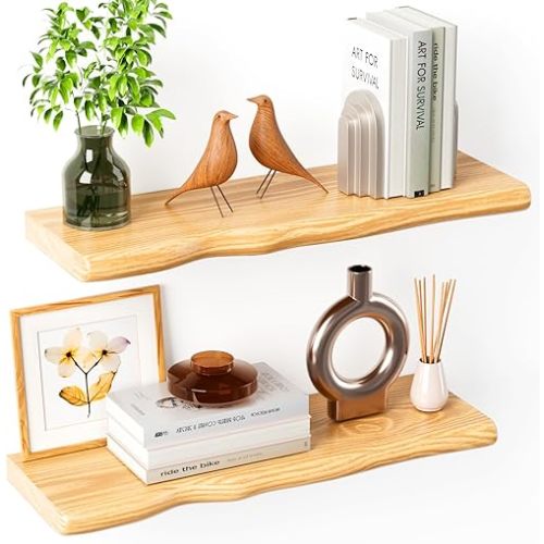 Avytronx Floating Shelves for Wall 24 Inch Wooden Floating Shelves Live Edge Shelf with Unique Natural Grain Wall Mounted Rustic Pine Wood Shelf for Living Room Bedroom Kitchen Bathroom (Natural)