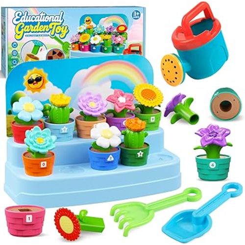 Marlrin Montessori Flower Garden Building Toy for Toddlers, Gardening Set with Watering Can, Shovel, Rake, Shape & Color Sensory Toys, Toddler Summer Outdoor Toys,Preschool Gift for Baby Girls Boys