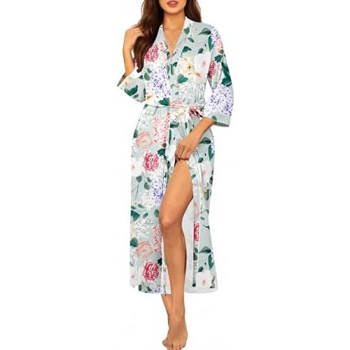 Ekouaer Robes for Women Long Knit Bathrobe Lightweight 3/4 Sleeves Kimono Robe Soft Sleepwear with Pockets S-XXL