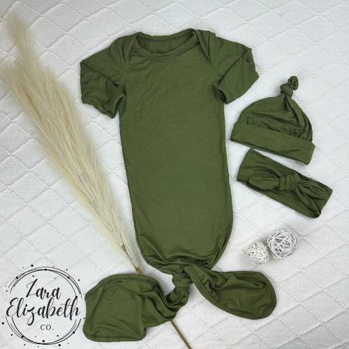 CLOSEOUT SALE | 0-3 Months Knotted Gown | Dark Olive Green Gown | Boy or Girl Knotted Gown | New Baby Outfit | Hat and Bow Knot Set