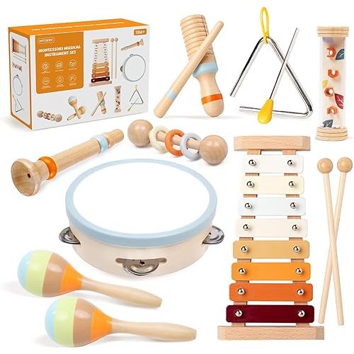 Toddler Musical Instruments Sets, Montessori Wooden Percussion Educational Baby Musical Toys Xylophone Maracas Tambourine for Kids, 2 3 4 Year Old Girls Boys Birthday Gifts