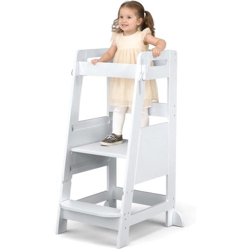 TOETOL Bamboo Toddler Kitchen Step Stool White Helper Standing Tower Height Adjustable with Anti-Slip Protection for Kids Kitchen Counter Learning