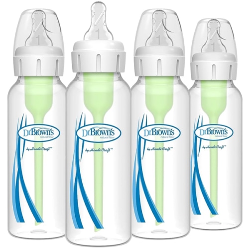 Dr. Brown's Natural Flow Anti-Colic Options+ Narrow Baby Bottle, 8 oz/250 mL, with Level 1 Slow Flow Nipples, 0m+, 4 Pack