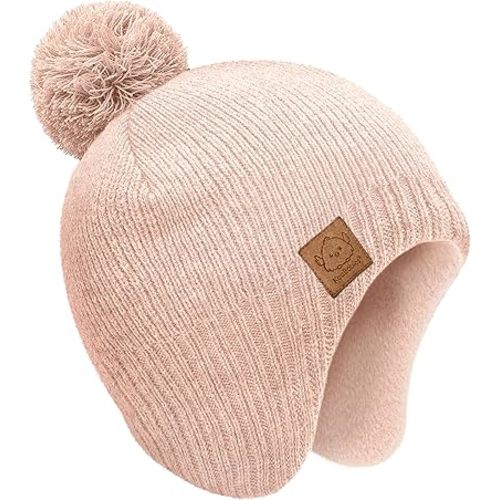Baby Beanie Winter Hat 0-6 Months - Cute Pom Winter Baby Hats with Earflaps, Soft & Stretchy Knit Toddler Beanies for Infant, Newborn 0-6 Months Boys, Girls, Cozy, Warm Fall Essentials (Blush, S)
