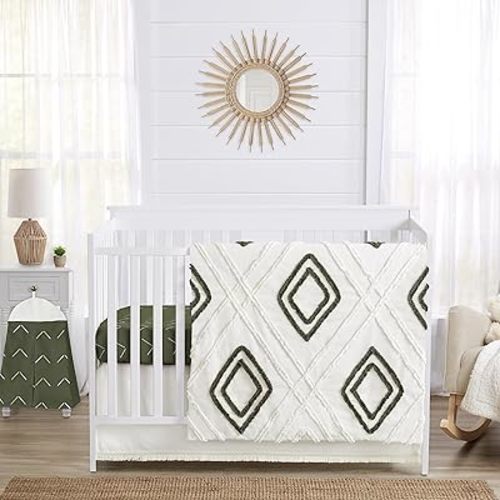 Sweet Jojo Designs Dark Green Boho Arrow Boy Girl Baby Crib Bedding Set Infant Nursery Room Blanket Fitted Sheet Skirt Diaper Stacker 4p Hunter Sage Ivory Modern Bohemian Gender Neutral Arrows Fringe