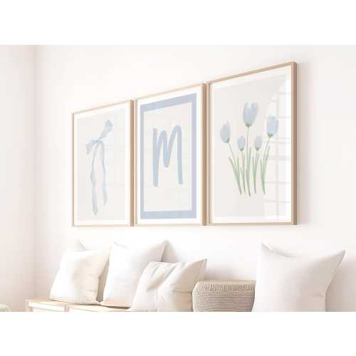Set of 3 Customized Light Blue Bow Watercolor Wall Art | Girl Room Wall Decor | Teen Bedroom Wall Art | Aesthetic Kids Bedroom Printable Art