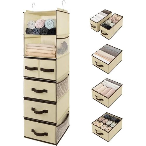 GRANNY SAYS Hanging Closet Organizers and Storage 6 Shelves, Closet Hanging Organizer with 5 Drawers, 6 Side Pockets Hanging Storage Organizer, Portable Clothes Organizer for Closet, Brown