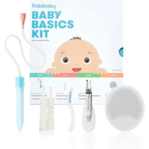 Frida Baby Basics Kit, Baby Essentials Kit Includes Nasal Aspirator Snotsucker, NailFrida Nail Files, Windi Gas Relief, DermaFrida Bath Brush + Silicone Carry Case