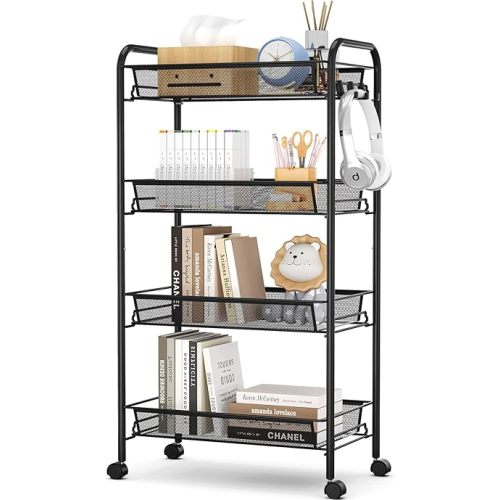 TOOLF 4-Tier Rolling Cart, Metal Utility Cart with 3 Hooks, Easy Assemble Mobile Storage Trolley On Wheels, Metal Shelving Units Kitchen Bathroom Laundry Room
