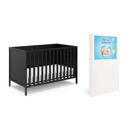 Graco Theo 3-in-1 Convertible Crib and Premium Crib & Toddler Mattress Bundle, Black