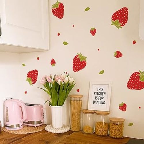 Strawberry Stickers for Wall, 48 PCS 4 Sheets, Fruits Kitchen Decor, Strawberry Wall Decor for Bedroom Bathroom Classroom Nursery Room,Strawberry Decals for Backdrop