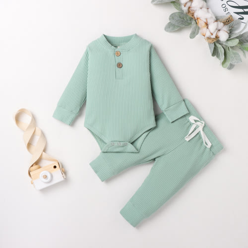 jaweiw Newborn Baby Boy Girl Clothes Ribbed Knitted Cotton Long Sleeve Romper Long Pants Solid Color Fall Winter Outfits