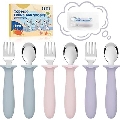 6 PCS Toddler Utensils Kids Silverware Set with Silicone Handle Children Food Grade 18/8 Stainless Steel Toddler Forks and Spoons Safe Anti-Choke Design Mirror Polished Sturdy Durable Dishwasher Safe