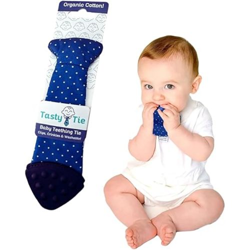 Tasty Tie Teething Tie, 3-in-1 Clip-on Baby Tie Crinkle Toy & Silicone Teether for 3-6-9-12-18 Month Babies | GOTS Certified Organic Cotton | Unique Baby Boy Gift or Stocking Stuffer, Polka Dot Style