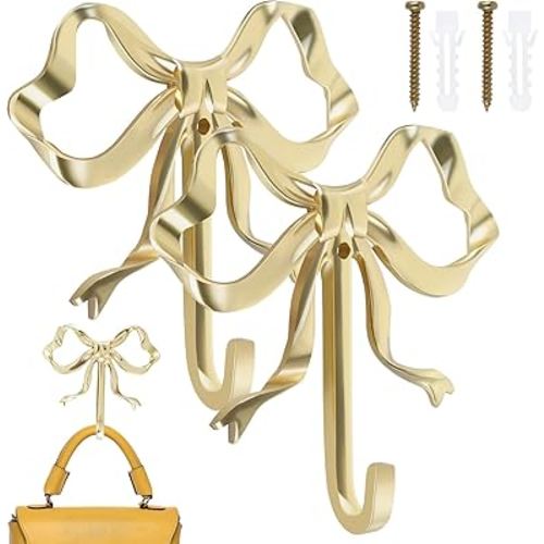 Bow Hook 9.2x9x2cm Decorative Bow Hanger Gold Towel Hook Multi-Purpose Bow Shaped Hat Hooks Gold Brass Bow Shaped Hat Hooks Wall Hanging Towel Hook for Bathroom Bedroom Bathrobe (2pcs)