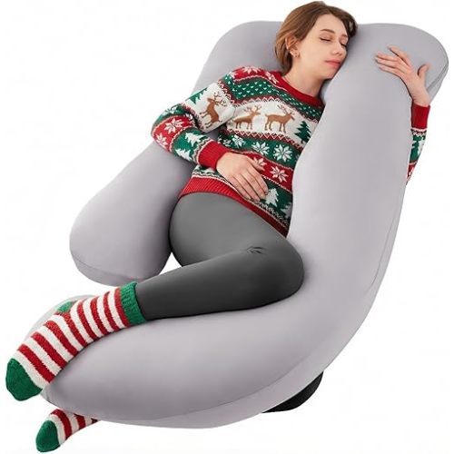 Sasttie Pregnancy Pillows for Sleeping, U Shaped Cooling Full Body Pillow with Removable Cover, Pregnant Women Must Haves, Maternity Essential, Light Grey