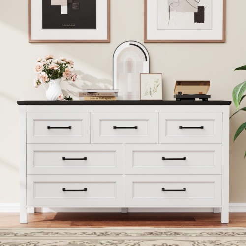 Homall 7-Drawer Wood Dresser for Bedroom, Large Storage Cabinet with Anti-Tip Safety and Footstool-Integrated Design, Double Classified Storage Organizer Chest for Living Room, Black and White