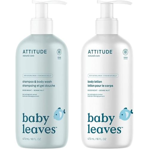 Bundle of ATTITUDE 2-in-1 Shampoo and Body Wash for Baby and Body Lotion for Baby, EWG Verified, Dermatologically Tested, Plant and Mineral-Based Ingredients, Vegan, Good Night, 16 Fl Oz