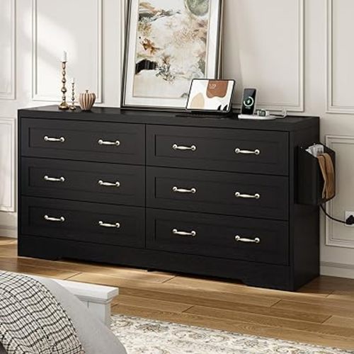 DWVO Large Buffet Sideboard Cabinet with 6 Drawers Power Outlets, Dressers Buffet Table Coffee Bar Wine Bar Storage Cabinet with Side Bags for Dining Room, Living Room (Black)