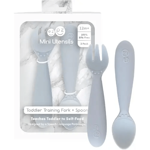 Amazon.com: ezpz Mini Utensils - 12 Months+ (Fork & Spoon in Pewter) - 100% BPA Free Fork and Spoon - Toddler Utensils - Designed by a Pediatric Feeding Specialist : Baby