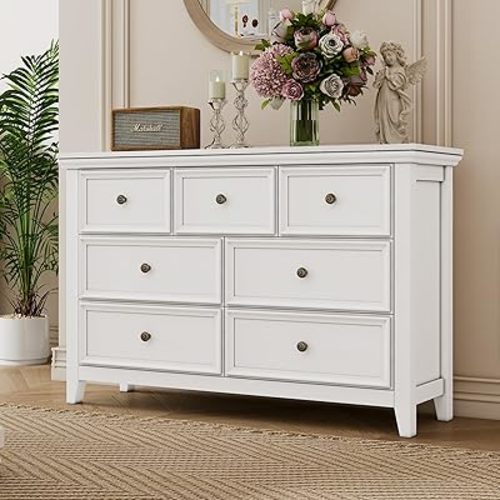 White Dresser for Bedroom, White 7 Drawers Dresser, Modern 7 Chest of Drawers, Closet Dresser, Farmhouse Dresser with 7 Storage Drawers Cabinet for Home Office, Study Room