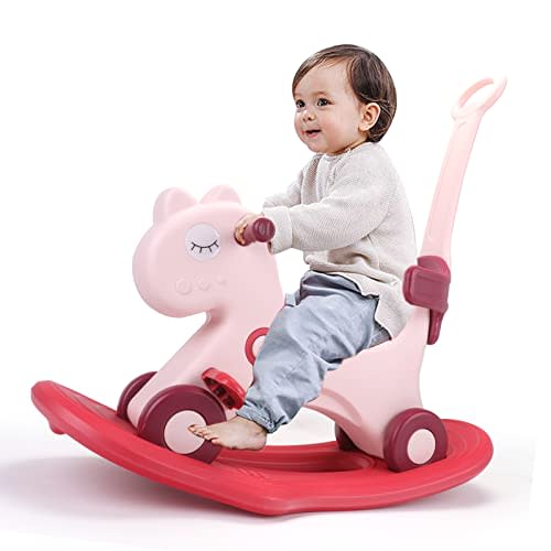 LLparty 4 in 1 Rocking Horse for Toddlers 1-3 Years Old, Baby Rocking Toy Fun Birthday Gift for 1+ Girls, Ride on Toy with Detachable Balance Board and Footrest,Balance Bike with Push Handle,Pink