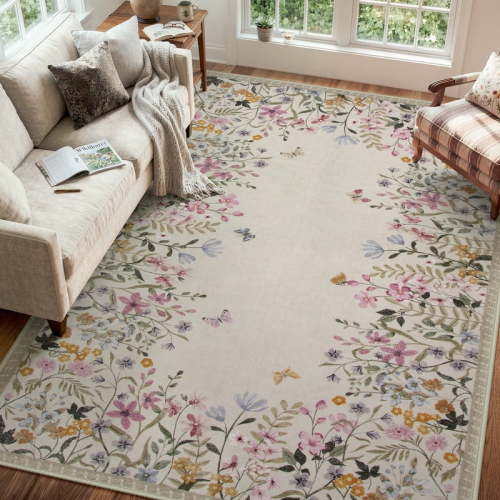 Wonnitar 6x9 Floral Washable Area Rug, Beige Rugs for Bedroom, Soft Low Pile Living Room Area Rug, Non-Slip Throw Carpet for Nursery Playroom
