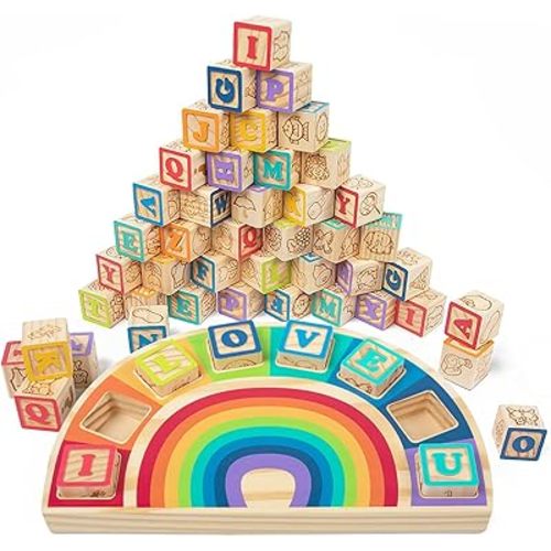Building Blocks Set Wooden Blocks for Toddlers Rainbow ABC Letter Alphabet Stacking Blocks 26 Pcs Montessori Toys Educational Learning Toys for Kids Age 18 Months for Girls Boys