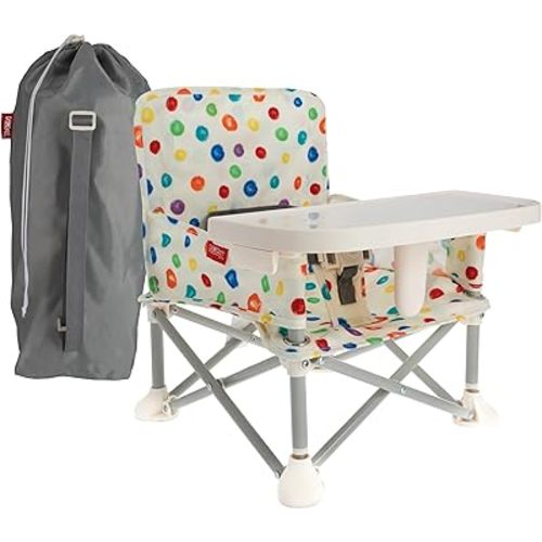 Nuby Easy Go Pop-Up Booster Seat with Removable Tray - 6+ Months - Portable Booster Seat for Floor for Indoor/Outdoor Use - 3-Point Safety Adjustable Straps - Includes Travel Bag - Multi-Color Circles